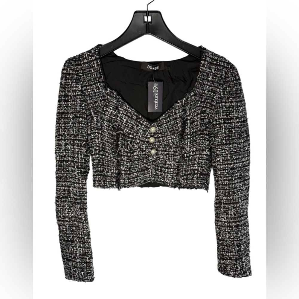 DO + BE Cropped Tweed Jacket | Long Sleeve Black & White | Size Small NWT